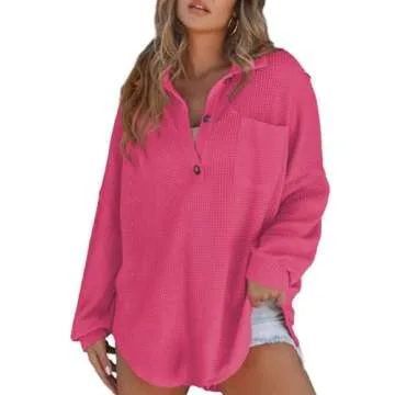 Astylish Women Lightweight V Neck Oversized Waffle Shirt