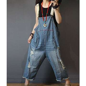 YESNO Women Casual Loose Cropped Denim Jumpsuits - Distressed & Pocketed Fashionable Overalls 90s St...