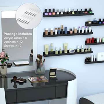 FEMELI Nail Polish Wall Rack: 6 Shelves 15 Inch Acrylic Nail Polish Holder Organizer for 66-90 Bottles, Multi-Purpose Acrylic Floating Shelves (15 Inch, Black)