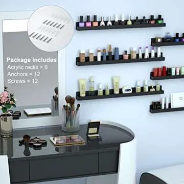 FEMELI Nail Polish Wall Rack: 6 Shelves 15 Inch Acrylic Nail Polish Holder Organizer for 66-90 Bottles, Multi-Purpose Acrylic Floating Shelves (15 Inch, Black)