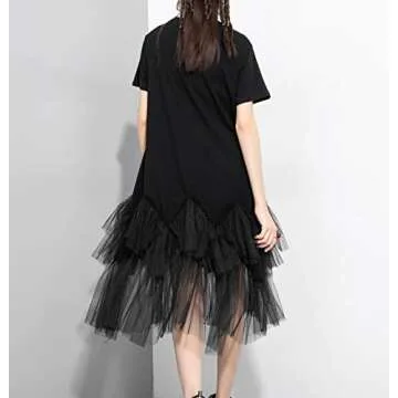 ellazhu Women's Casual Short Sleeve Crew Neck Tutu Tulle Dress with an Oversized Fit GY2266 Black