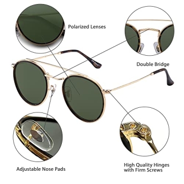 JIM HALO Women's Vintage Round Sunglasses Gold Frame Polarized