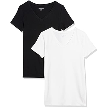 Amazon Essentials Women's Classic-Fit Short-Sleeve V-Neck T-Shirt, Pack of 2, Black/White, Small