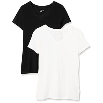 Amazon Essentials Women's Classic-Fit Short-Sleeve V-Neck T-Shirt, Pack of 2, Black/White, Small