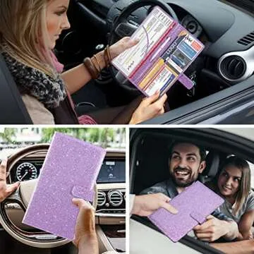 DMLuna Car Registration and Insurance Holder, Leather Vehicle Card Document Glove Box Organizer, Auto Truck Compartment Accessories for Essential Information, Driver License Cards, Glitter Purple