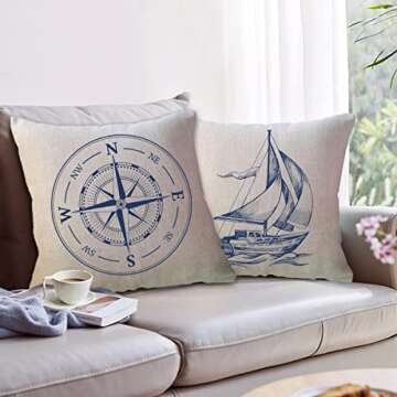 ULOVE LOVE YOURSELF 4Pack Coastal Sailing Throw Pillow Covers Compass/Anchor/Sailboat/Map Ocean Them...