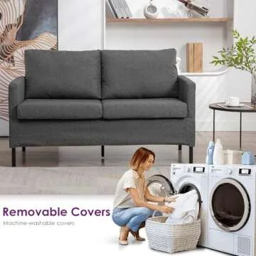 TYBOATLE Linen Fabric Modern Small Loveseat Sofa Couch for Living Room, 51" W Little Upholstered 2-Seater Mini Love Seats w/Iron Legs for Small Space, Apartment, Bedroom, Dorm, Office (Dark Grey)