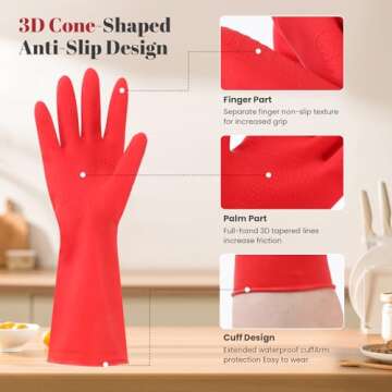 Yunaeduo Rubber Cleaning Gloves for Dishwashing - 6 Pairs Kitchen Gloves for Washing Dishes, Reusable Household Gloves for Bathroom, Gardening (Large, Red & Beige, 3 Pairs of Each Color)