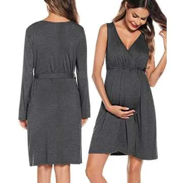 SWOMOG Women's Maternity Robes Labor Delivery Sleeveless Nursing Nightgown 2 Piece Pregnancy Pajamas Breastfeeding Gown Sleepwear Postpartum Bathrobes