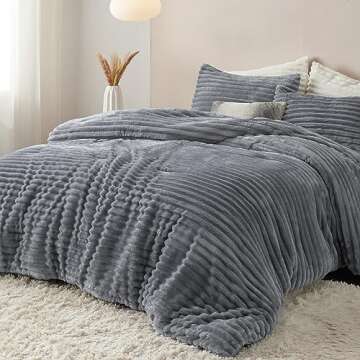 Bedsure Fluffy Comforter Set King Size - Super Soft Faux Fur Bed Set Grey, Winter Warm Plush Fleece ...