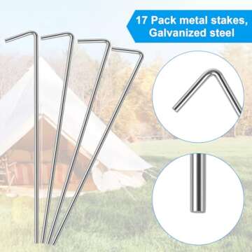 17 Pack Tent Stakes, Stakes for Outdoor Decorations, Tent Stakes Heavy Duty, Metal Stakes, Tent Garden Stakes for Gardening & Canopies, Outdoor Christmas Decorations