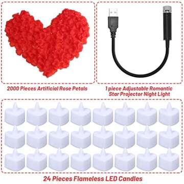 Romantic Decorations for Special Night, 2000Pcs Artificial Rose Petals with 24Pcs LED Candles, Star Night Light for Romantic Night Bedroom Hotel Decor, Date Night Ideas, Anniversary