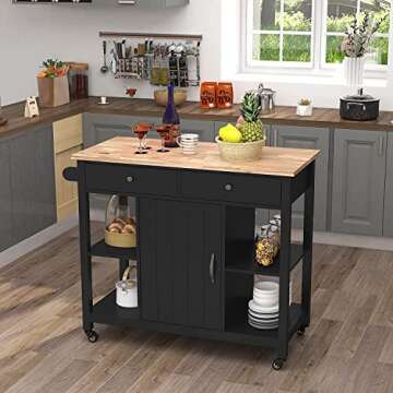 ChooChoo Kitchen Islands on Wheels with Wood Top, Utility Wood Movable Kitchen Cart with Storage and...