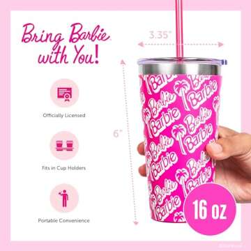 Dragon Glassware x Barbie Vacuum Insulated Tumbler with Lid and Straw - 16 oz Tumbler Cup with 2 Str...