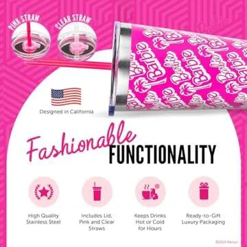 Dragon Glassware x Barbie Vacuum Insulated Tumbler with Lid and Straw - 16 oz Tumbler Cup with 2 Straws - Stainless Steel Cup for Water, Iced Tea - Classic