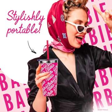 Dragon Glassware x Barbie Vacuum Insulated Tumbler with Lid and Straw - 16 oz Tumbler Cup with 2 Straws - Stainless Steel Cup for Water, Iced Tea - Classic