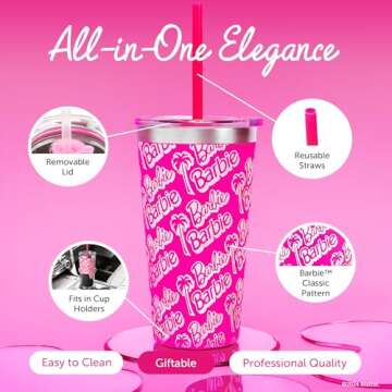 Dragon Glassware x Barbie Vacuum Insulated Tumbler with Lid and Straw - 16 oz Tumbler Cup with 2 Straws - Stainless Steel Cup for Water, Iced Tea - Classic