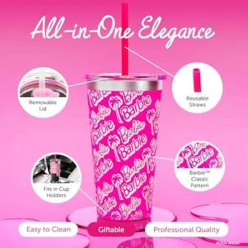 Dragon Glassware x Barbie Vacuum Insulated Tumbler with Lid and Straw - 16 oz Tumbler Cup with 2 Straws - Stainless Steel Cup for Water, Iced Tea - Classic