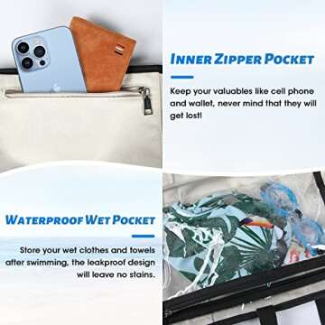 Lubardy Beach Bag for Women Large Beach Bags Waterproof Sandproof with Bottom Board Beach Tote Bag for Work/Travel/Swim/Pool (Large-40L-Beige)