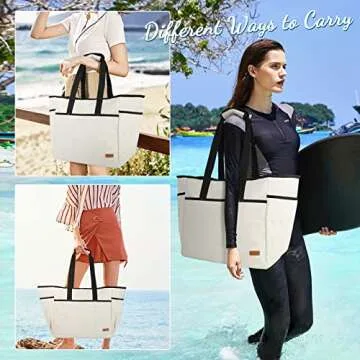 Lubardy Beach Bag for Women Large Beach Bags Waterproof Sandproof with Bottom Board Beach Tote Bag for Work/Travel/Swim/Pool (Large-40L-Beige)