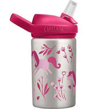 CamelBak eddy+ Kids Water Bottle with Straw, Single Wall Stainless Steel - Leak-Proof when Closed, 14oz, Unicorn & Blooms