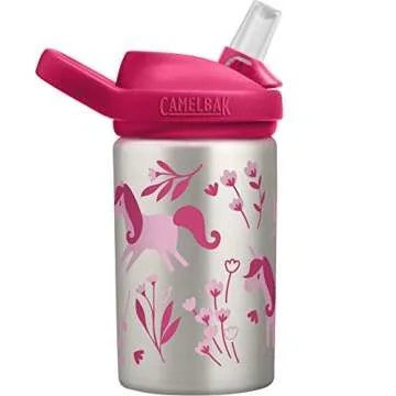 CamelBak eddy+ Kids Water Bottle with Straw, Single Wall Stainless Steel - Leak-Proof when Closed, 14oz, Unicorn & Blooms