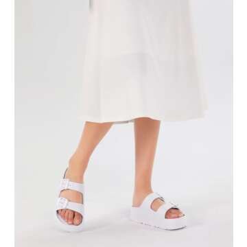Women's White Platform Sandals with Arch Support, Adjustable Two Strap Thick Soles Sandal, Comfort Lightweight Slides Beach Home and Street