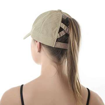 HGGE Womens Criss Cross Ponytail Baseball Cap Adjustable High Messy Bun Ponycap Trucker Hats Quick Drying Mesh Dad Hat for Outdoor Sports Travel Camel