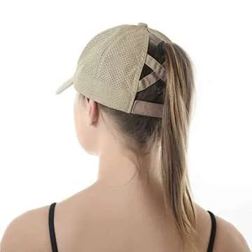 HGGE Womens Criss Cross Ponytail Baseball Cap Adjustable High Messy Bun Ponycap Trucker Hats Quick Drying Mesh Dad Hat for Outdoor Sports Travel Camel