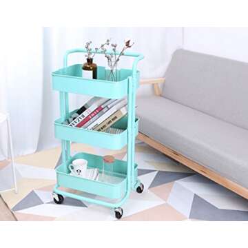 3-Tier Metal Mesh Storage Shelf Utility Rolling Cart with Removable Handle and Plug, Indoor or Outdoor Storage Organizer, Turquoise