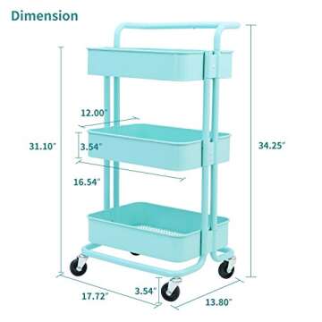 3-Tier Metal Mesh Storage Shelf Utility Rolling Cart with Removable Handle and Plug, Indoor or Outdoor Storage Organizer, Turquoise