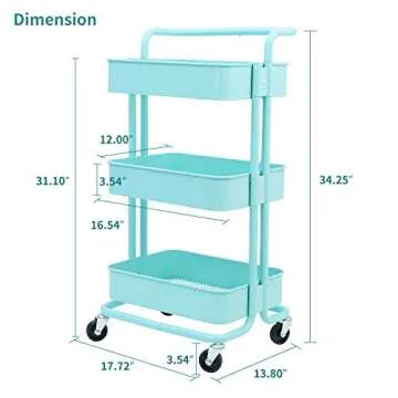 3-Tier Metal Mesh Storage Shelf Utility Rolling Cart with Removable Handle and Plug, Indoor or Outdoor Storage Organizer, Turquoise