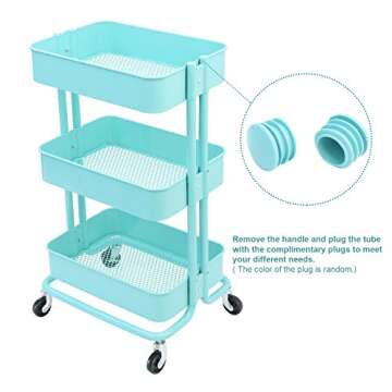 3-Tier Metal Mesh Storage Shelf Utility Rolling Cart with Removable Handle and Plug, Indoor or Outdoor Storage Organizer, Turquoise