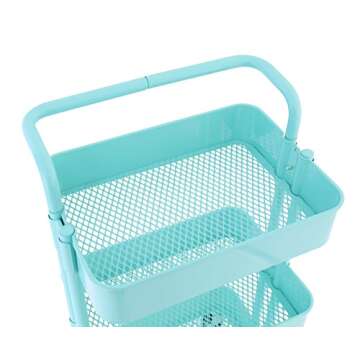 3-Tier Metal Mesh Storage Shelf Utility Rolling Cart with Removable Handle and Plug, Indoor or Outdoor Storage Organizer, Turquoise