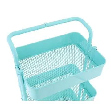 3-Tier Metal Mesh Storage Shelf Utility Rolling Cart with Removable Handle and Plug, Indoor or Outdoor Storage Organizer, Turquoise