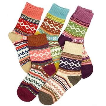Fraobbg 5 Pairs Vintage Winter Women Socks Warm Thick Knitted Soft Wool Socks Christmas Gifts Cozy C...