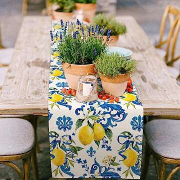 AnyDesign Lemon Table Runner - Summer Blue Tiles & Lemons for Dining