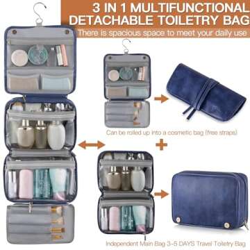 Elviros Toiletry Bag Hanging Travel Organizer for Men and Women, 3 in 1 Multifunctional Large Makeup Cosmetic Case for Toiletries Accessories, Water-resistant PU Leather Bathroom Dopp Kit Shaving Bag