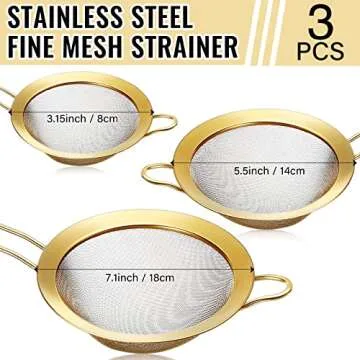 Norme 5 Quart Stainless Steel Gold Colander and 3 Pcs Gold Fine Mesh Strainer, Stainless Steel Pasta Rice Food Metal Strainer with Handles, Easy Clean and Dishwasher Safe