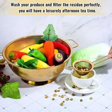 Norme 5 Quart Stainless Steel Gold Colander and 3 Pcs Gold Fine Mesh Strainer, Stainless Steel Pasta Rice Food Metal Strainer with Handles, Easy Clean and Dishwasher Safe