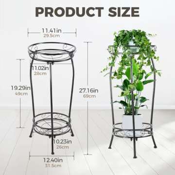 Kavlium Plant Stand Indoor Outdoor - Tall Metal 2 Tier Holder - Heavy Duty Black Rack