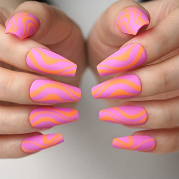 Hot Pink Press on Nails medium,24PCS Fake Nails with Glue,Acrylic Long Coffin Nail,Reusable False Na...