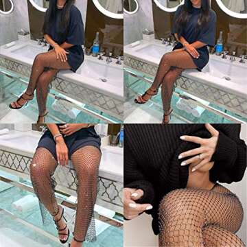 Women Sexy Crystal Rhinestone Mesh Pants Hollow Out Fishnet Leggings Rave Party Festival Club Trousers Beach Cover Up