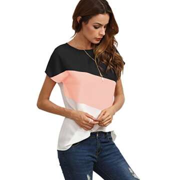 ROMWE Women's Color Block Blouse Short Sleeve