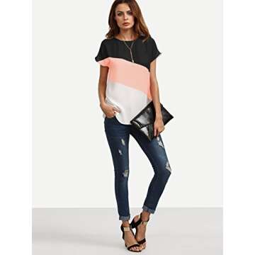 ROMWE Women's Color Block Blouse Short Sleeve