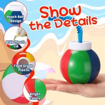 Amyhill 12 Set Beach Theme Party Supplies Beach Ball Favor Cups with Straws and Lids, 10 oz Plastic Swimming Pool Ball Cups Bulk for Kids Beach Birthday Theme Party Summer Pool Ball Party
