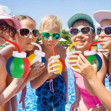 Amyhill 12 Set Beach Theme Party Supplies Beach Ball Favor Cups with Straws and Lids, 10 oz Plastic Swimming Pool Ball Cups Bulk for Kids Beach Birthday Theme Party Summer Pool Ball Party