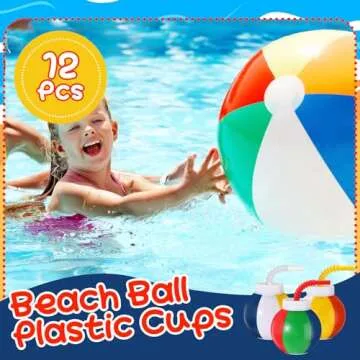 Amyhill 12 Set Beach Theme Party Supplies Beach Ball Favor Cups with Straws and Lids, 10 oz Plastic Swimming Pool Ball Cups Bulk for Kids Beach Birthday Theme Party Summer Pool Ball Party