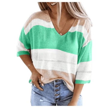 OYOANGLE Women's Color Block Striped 3/4 Sleeve Sweater V Neck Drop Shoulder Pullover Tops Green Med...