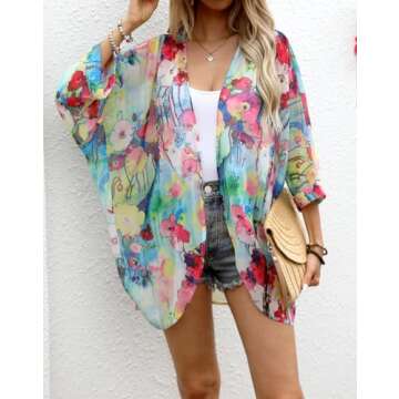 olrain Women's Floral Print Sheer Chiffon 3/4 Bat Sleeve Casual Loose Kimono Cardigan Capes (XX-Larg...